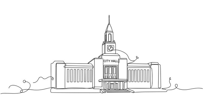 City hall building with clock tower on plain background. No editable stroke