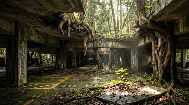 Large tree roots grow through the collapsed ceiling and columns of an abandoned concrete parking garage overgrown with moss, plants and forest trees.