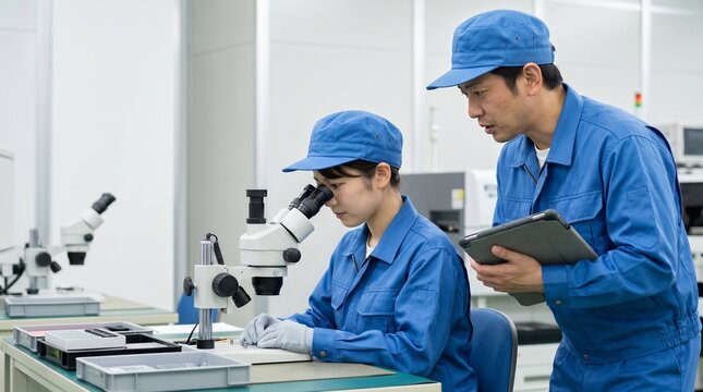 製造業の精密検査プロセスで若手女性作業員にOJT指導と確認を行う男性技術者の現場風景