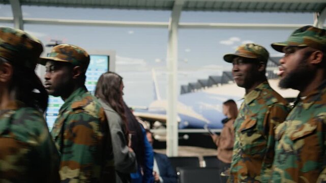 Military travelers sit in a row of airport seats, conversing and gesturing while waiting in the departure area.