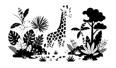 Fototapeta premium Cute Giraffe Standing in Forest Vector Illustration with Jungle Trees and Nature Elements