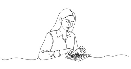 Obraz premium Young caucasian female accountant using calculator in line art illustration. No editable stroke