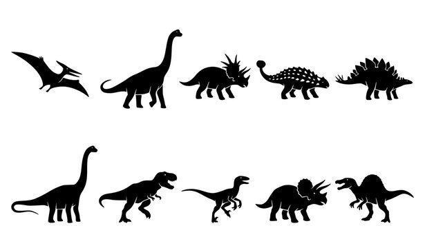 Black Dinosaur Silhouette Set Vector Clip Art with Various Prehistoric Species