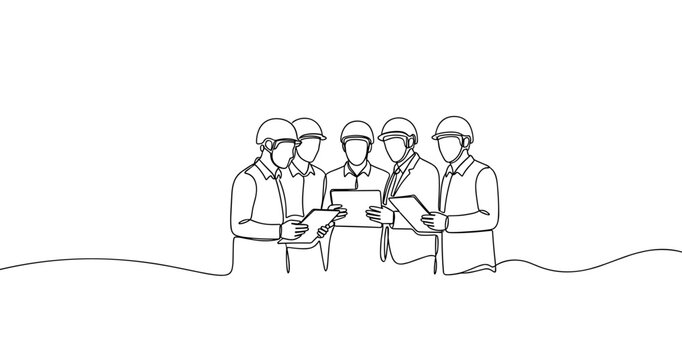 Team of engineers discussing plans: male and female, diverse, adult, collaborative meeting. No editable stroke