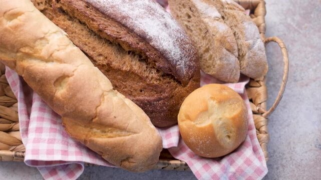 Freshly baked bread assortment in a wicker basket