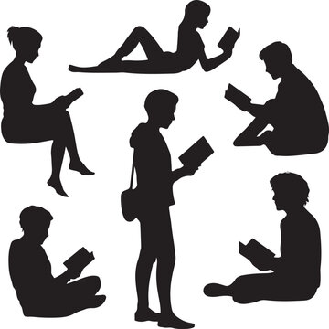 People Reading Books Silhouette Vector Set &ndash; Students and Avid Readers
