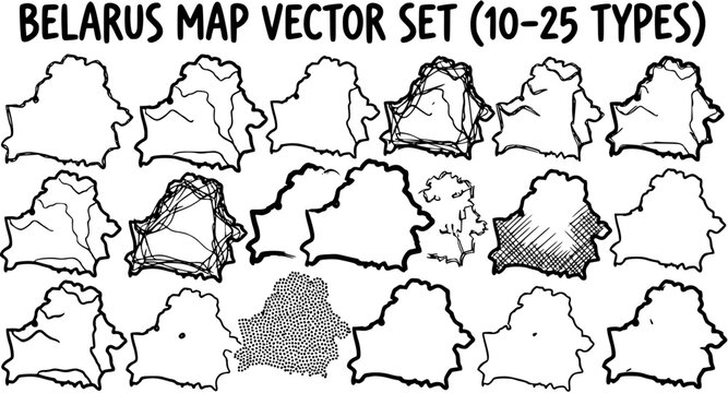Belarus Map Vector Set Black  White Line Art Icons. Hand-Drawn Outline Country Cartography Collection for Geography, Education and Travel Design.