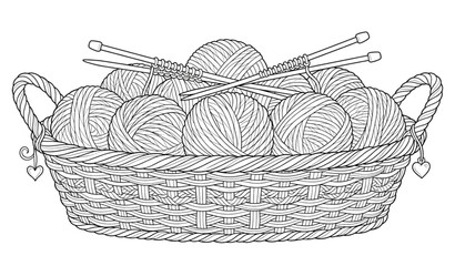 Obraz premium Wicker basket with yarn balls line art coloring page vector isolated on white background