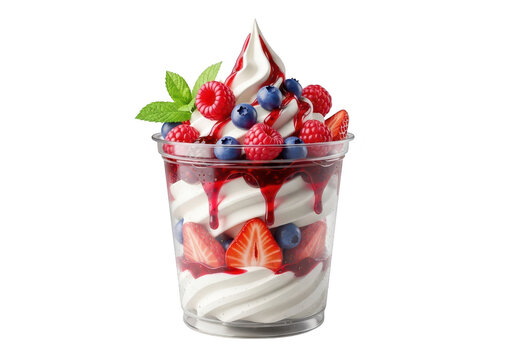 Gourmet berry parfait in plastic cup isolated on transparent background