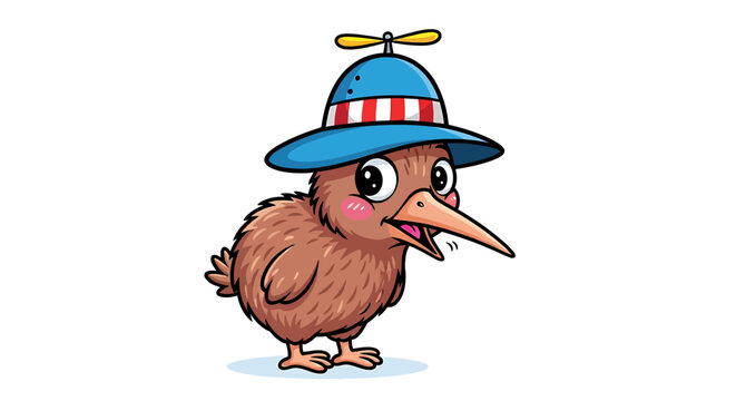 Cute cartoon kiwi bird wearing a propeller hat.