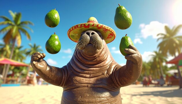Walrus Juggling Avocados in a Sombrero on the Beach