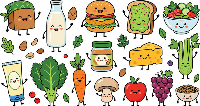 Cute Healthy Food Character Collection with Kawaii Vegetables, Fruits, Sandwiches, Dairy Products, and Happy Cartoon Nutrition Vector Illustrations