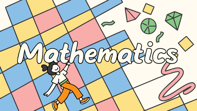 Mathematics concept with playful geometric shapes and a stylized person jumping on colorful squares representing learning and exploration in math education fun and engaging.