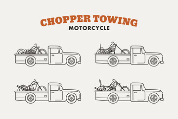 Set of Vintage pickup truck load a chopper motorcycle line art outline vector illustration © Royan