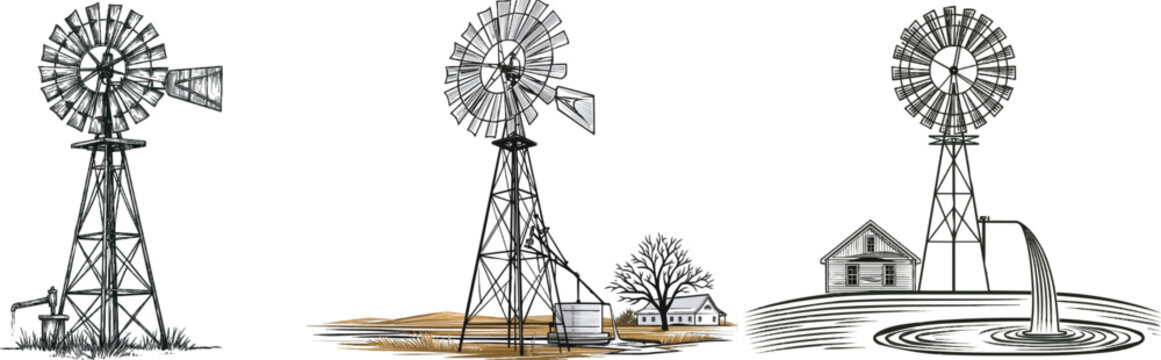 A bold linocut illustration of an old-fashioned windmill pumping water on an organic farm, featuring strong carved lines and heavy ink presence against a pristine white background