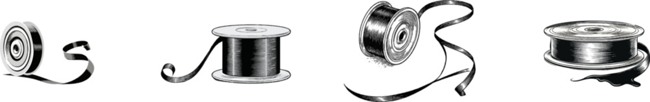 A vintage typewriter ribbon spool with curled ink tape is depicted in a heavy ink woodcut illustration, showcasing distinct silhouettes for clean vector tracing against a pure white background