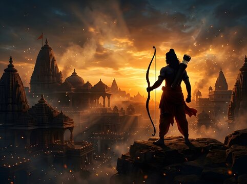 Epic fantasy artwork of Lord Rama shown as dark silhouette warrior carrying sacred bow and arrows standing before ancient Indian temples and royal palace structures glowing sunset horizon with orange 
