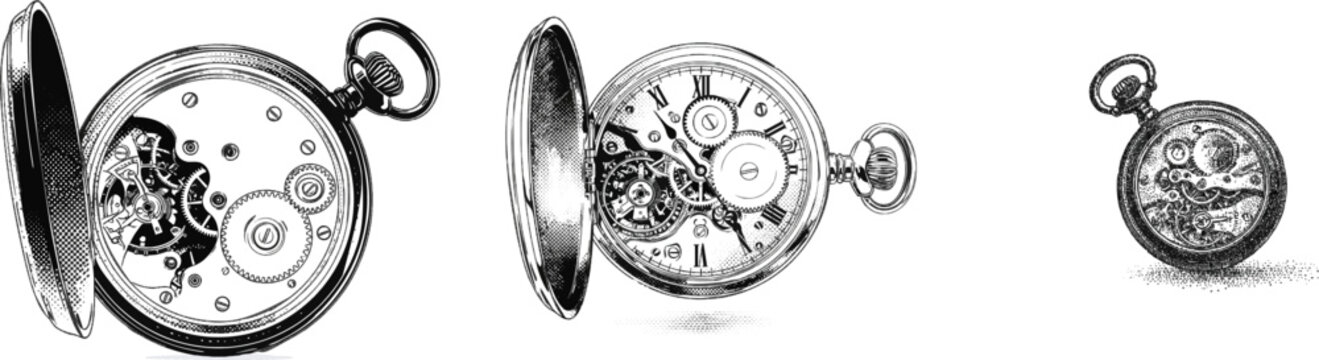 A vintage pocket watch with intricate mechanical cogs, showcased in a detailed halftone dot pattern vector illustration, exuding an elegant premium luxury craft aesthetic