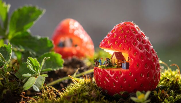 Whimsical Miniature Houses Carved Inside Red Strawberries on Moss