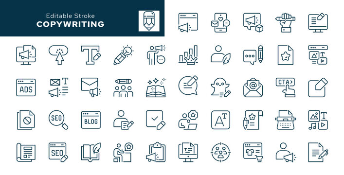 Copywriting outline icons set. Content writing, advertising, promotion, marketing, autor, blog, storytelling, article, seo and more. Line icon in linear style. Vector collection	