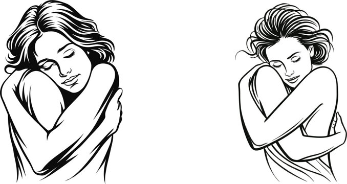 A minimalist black and white vector artwork depicts an individual in a gentle hug, symbolizing self-care with clean lines and expressive forms against a pure white background