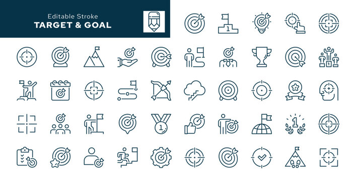 Target and goal outline icons set. Success, achievement, mission, winner and more. Line icon in linear style. Vector collection	
