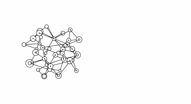Abstract network of interconnected circles and lines, representing data, science, and technology in a minimalist style