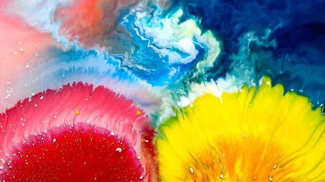 Abstract 3D digital illustration of an explosive fluid background with swirling acrylic paint and vibrant ink clouds. Creative artistic texture featuring an intense blending of colorful neon pink, blu