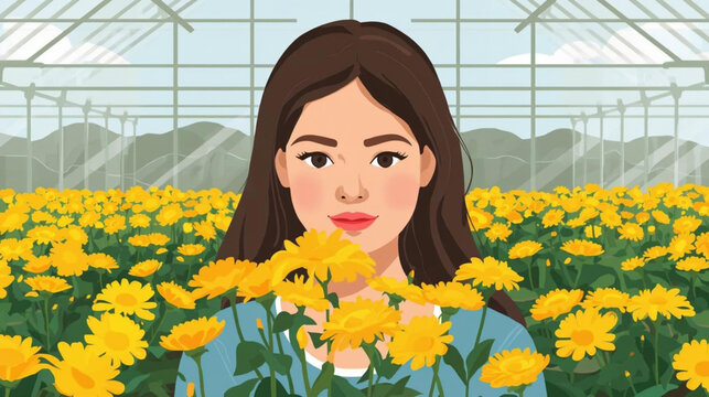 beautiful little girl smelling yellow flowers, ln greenhouse farm