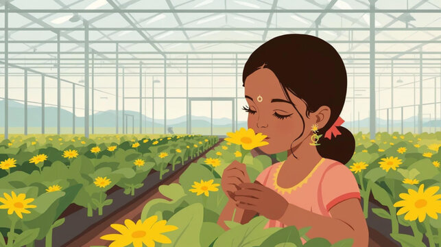 beautiful little girl smelling yellow flowers, ln greenhouse farm