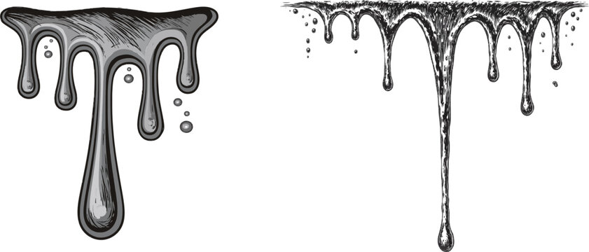 A viscous dark paint drips in deep charcoal black against a stark white background, featuring rough bristle marks and microscopic droplets for seamless vector tracing