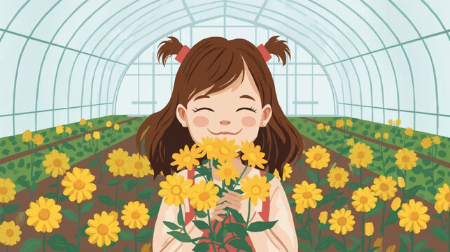 beautiful little girl smelling yellow flowers, ln greenhouse farm