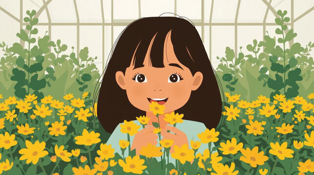 beautiful little girl smelling yellow flowers, ln greenhouse farm