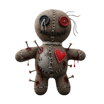 Cursed voodoo doll with heart patch and sewing needles isolated on transparent background