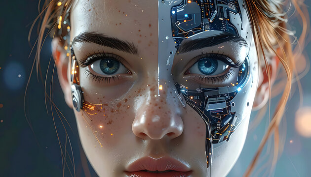 Human face with half robotic cybernetic augmentation, digital technology merging with organic features, blue eyes, futuristic concept