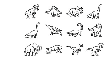 Dinosaur line art icons set, prehistoric animal vector illustrations, 12 minimalist outline dinosaurs and extinct creatures for coloring and education © Saad