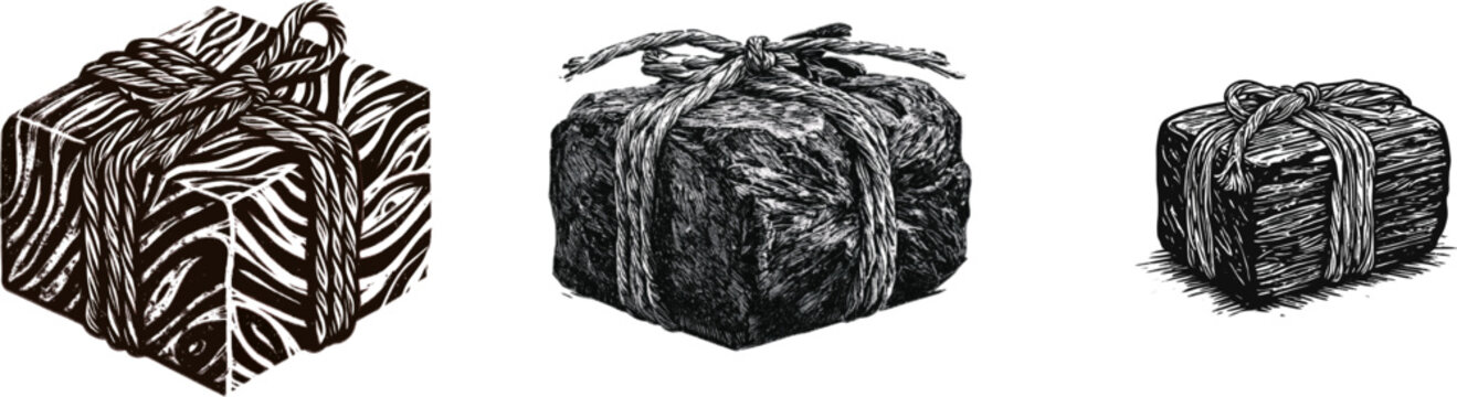 A meticulously crafted linocut illustration depicts an organic block of soap wrapped in paper twine with thick ink application and raw hand-carved stamp textures on a pure white background