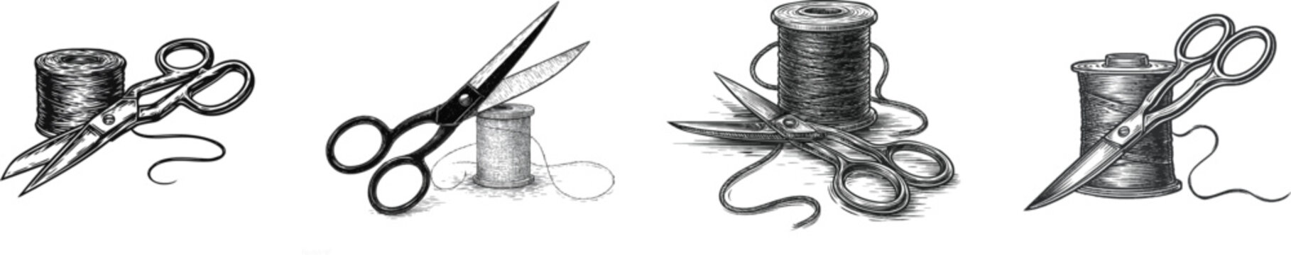 A classic woodcut engraving of heavy metal tailor shears resting across a spool of thick natural linen thread, showcasing sharp vector-ready silhouettes against a clean white background