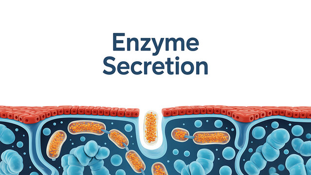Enzyme secretion process inside cells with bacteria and vesicles releasing enzymes  cellular biology concept