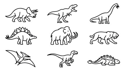 Minimalist dinosaur line icons set, prehistoric animal vector collection with 9 elements, black and white extinct creature illustrations for education © Saad