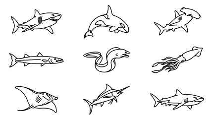 Minimalist sea life line art icons, set of 9 aquatic animal vector illustrations, black and white shark and whale silhouettes for marine biology education © Saad
