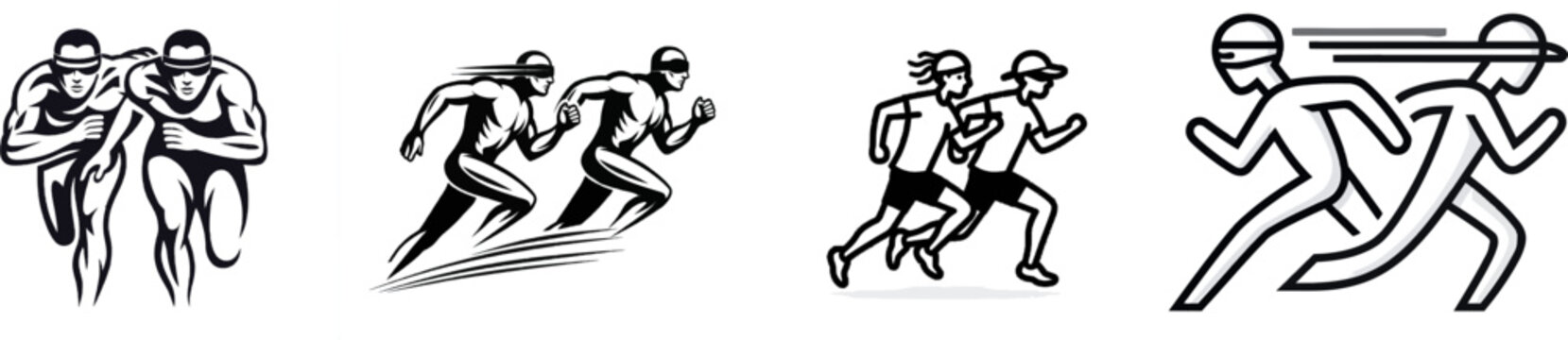 A minimalist black and white vector illustration depicts a blind runner and their supportive guide partner racing fiercely on a stark white background, embodying true accessibility in a clean, sharp