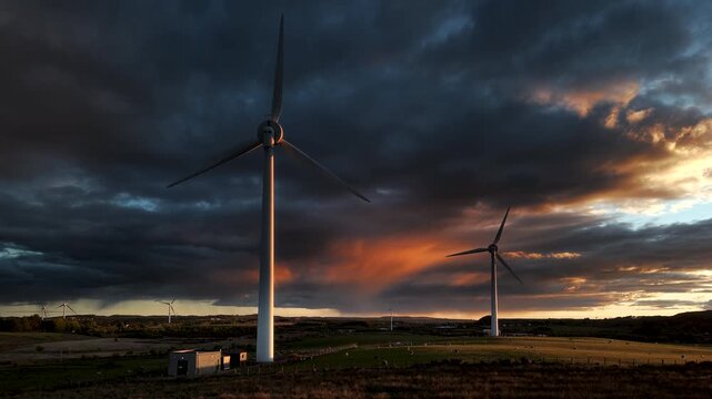 Aerial drone footage of wind turbines across open moorland with orange sunset light and dark dramatic clouds in Scotland.