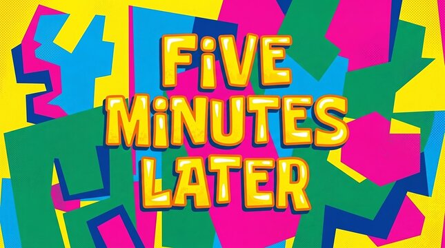 A pop art inspired 2D graphic featuring the text "FIVE MINUTES LATER" in stylized yellow bubble lettering. The layout is set against a geometric sunburst background with sharp radial rays and sharp co