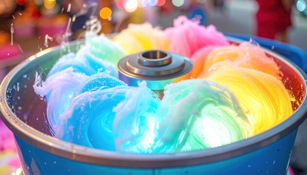 Colorful cotton candy machine spinning sweet, fluffy treats