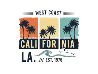 Obraz premium California palm trees with retro text and sunset