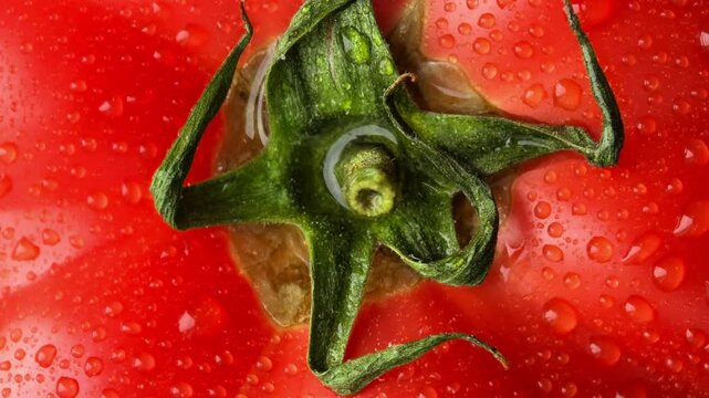 Tomato stem macro detail with water drops, fresh organic vegetable texture and healthy food concept.