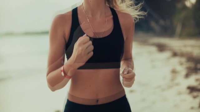 Runner Jogging On Sandy Beach Ocean Coast Outdoors. Cardio Workout Tropical Nature Resort
