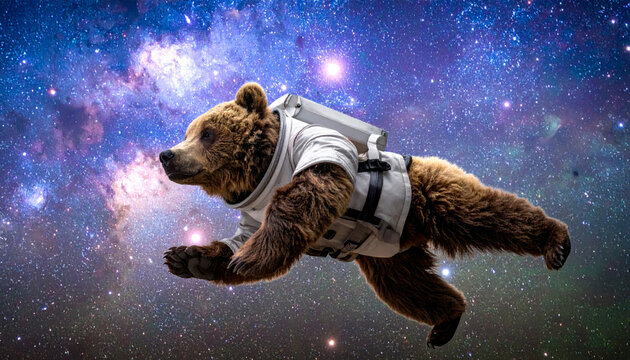 A brown bear in a detailed astronaut suit gracefully floats and explores the vastness of outer space amidst a vibrant starfield and nebulae