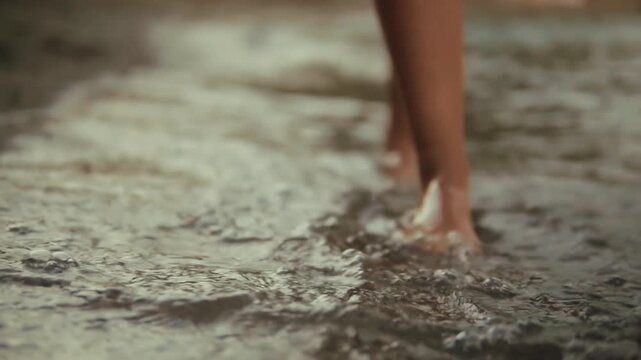 Traveler Barefeet Walking On Sea Shore. Water Splash. Leisure Exploration